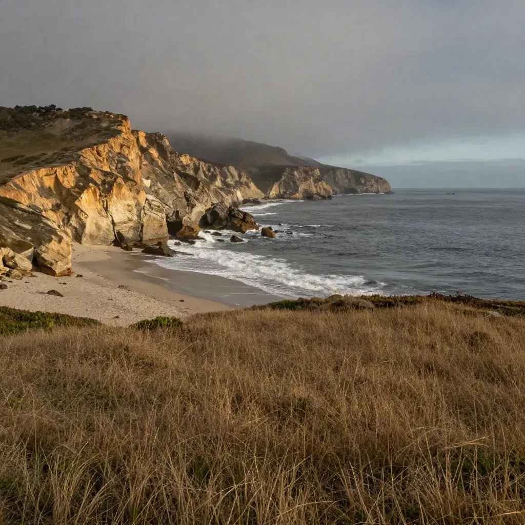 California coast cliffs above misty surf with open grassy foreground and warm evening light