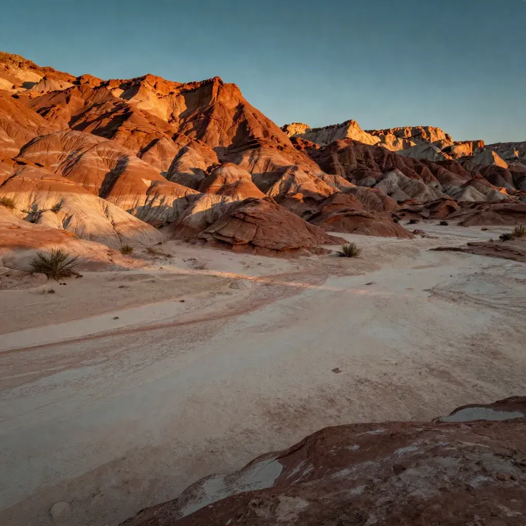 Arizona red-rock mesas over a calm desert wash at sunset