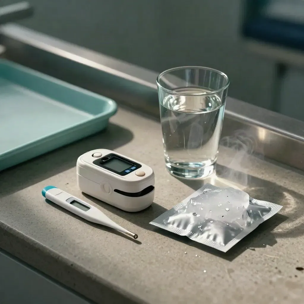 Urgent-care triage kit with oximeter, thermometer, water and ice pack on concrete