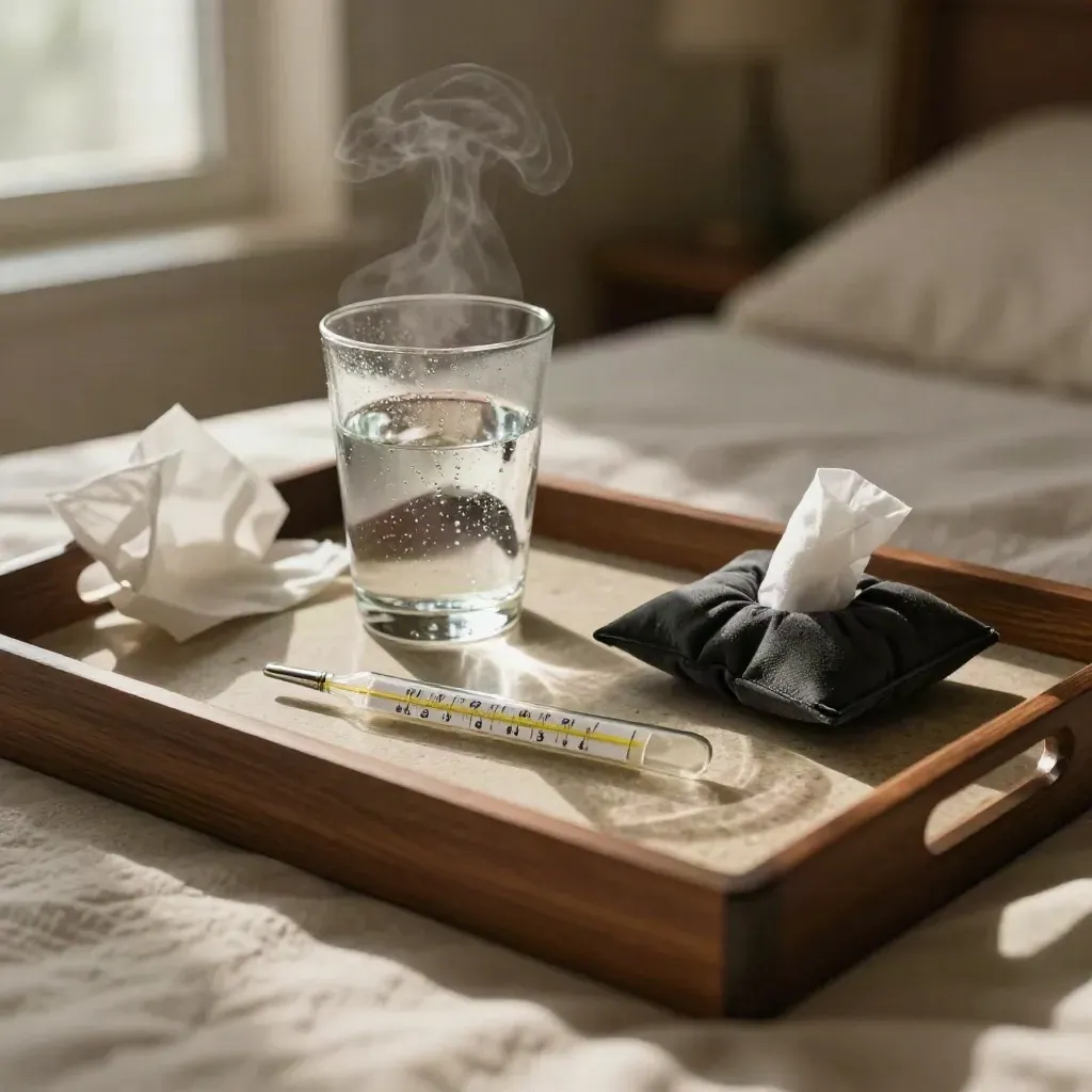 Bedside fever-check tray with thermometer, water, tissues and cooling compress on stone