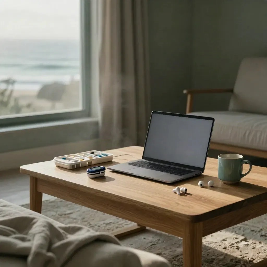 Telehealth living-room corner with laptop, earbuds, medical tools and dawn mist.