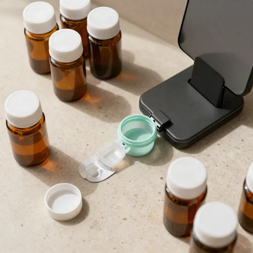 Overhead refill visit still life with amber prescription bottles, pill sorter, and closed phone dock