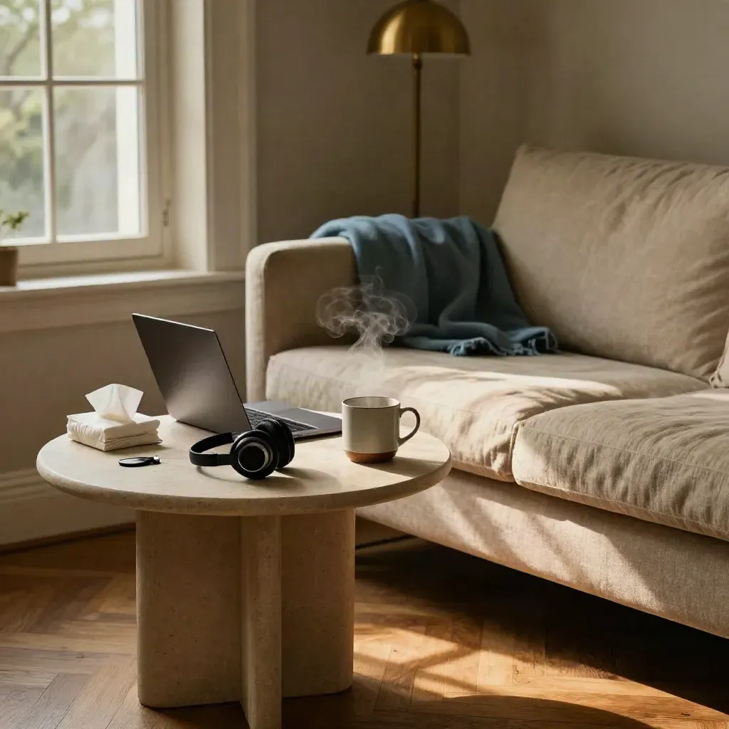 Telehealth nook with closed laptop, headset, tissues, steaming mug, and sofa beside a lamp.