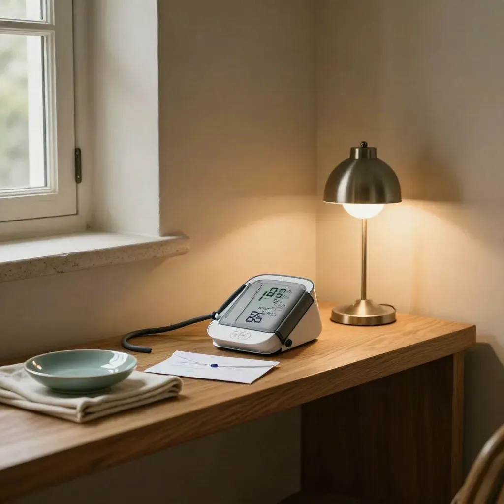 Home care shelf with blood pressure cuff, closed notebook, lab envelope, and lamp in warm window light.