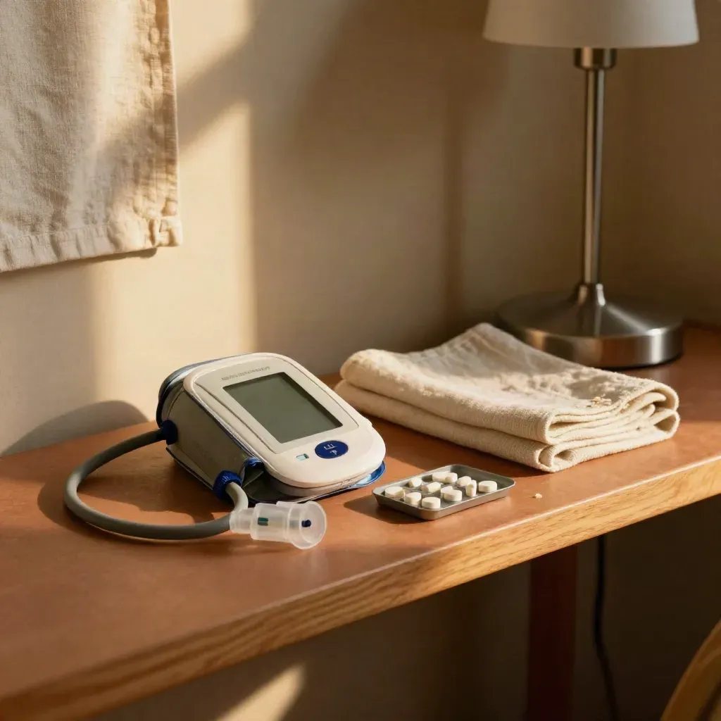 Bedside chronic-care station with cuff, meter, spacer, pill tray, and folded linen in warm light.