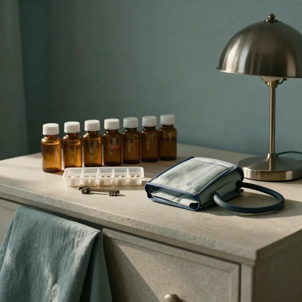 Pill bottles, weekly pill case, and blood-pressure cuff on a stone sideboard.