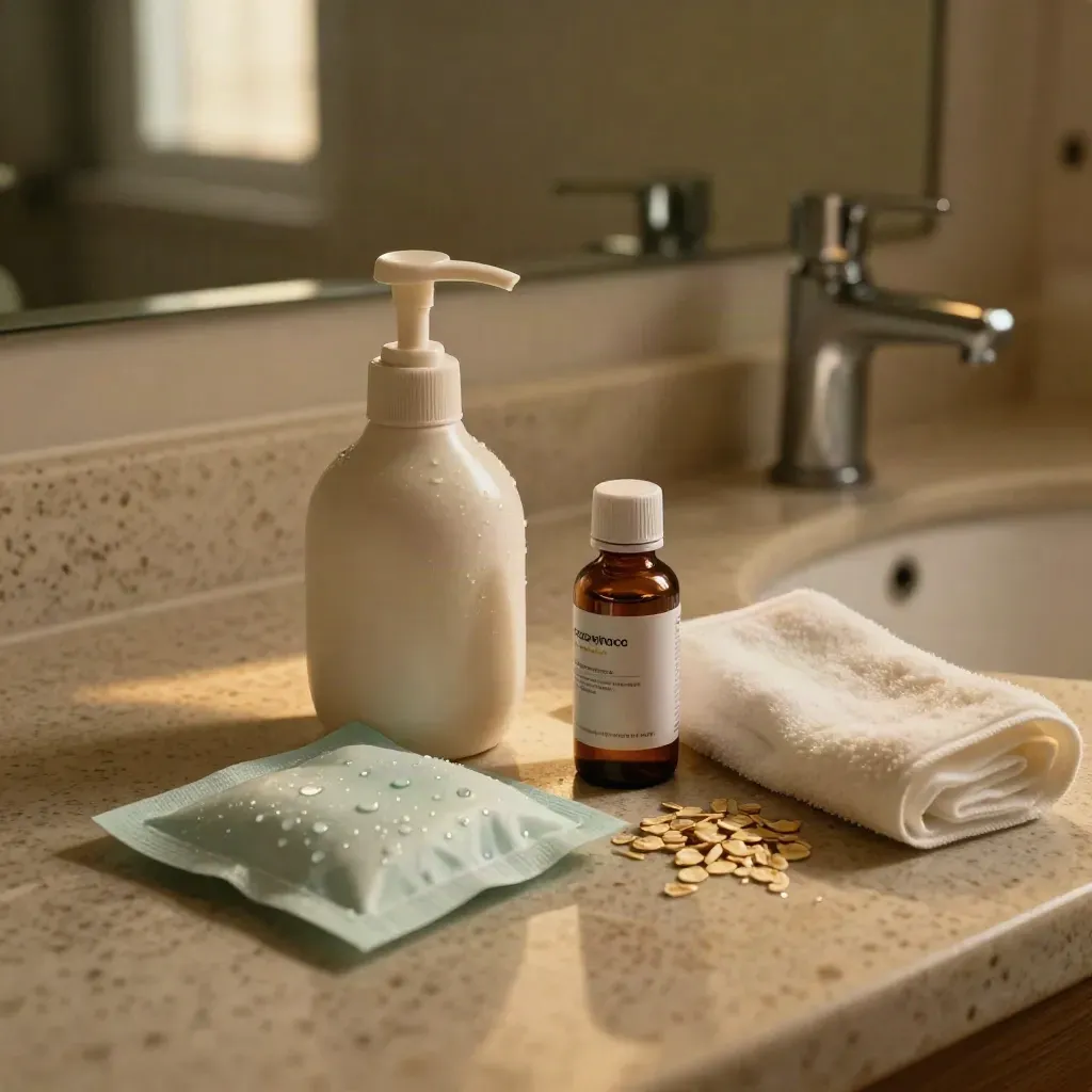Bathroom counter with lotion, cool compress and opened medication bottle on travertine in warm light