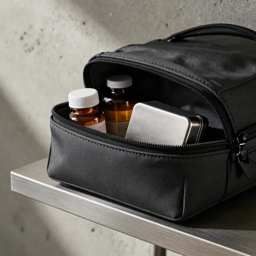 Charcoal travel pouch, medication bottles, and a compact cuff packed on a pewter shelf.