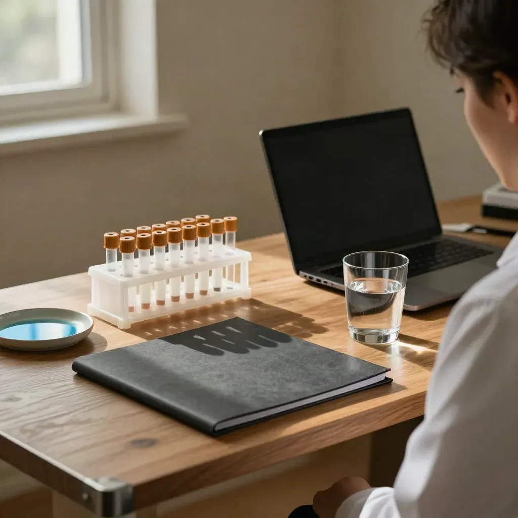 Closed laptop, specimen tubes, folder and water glass on a warm oak home desk.