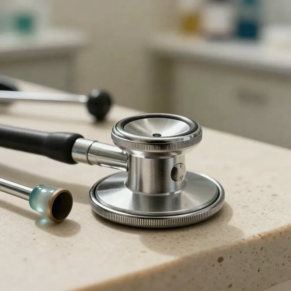 Macro of a stethoscope chestpiece, otoscope tip, and penlight on travertine.
