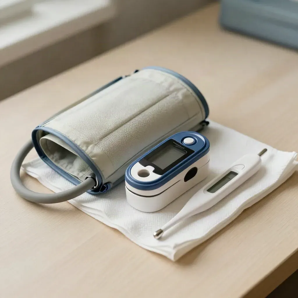 Vitals kit on pale wood with cuff, pediatric oximeter and thermometer in dramatic studio light
