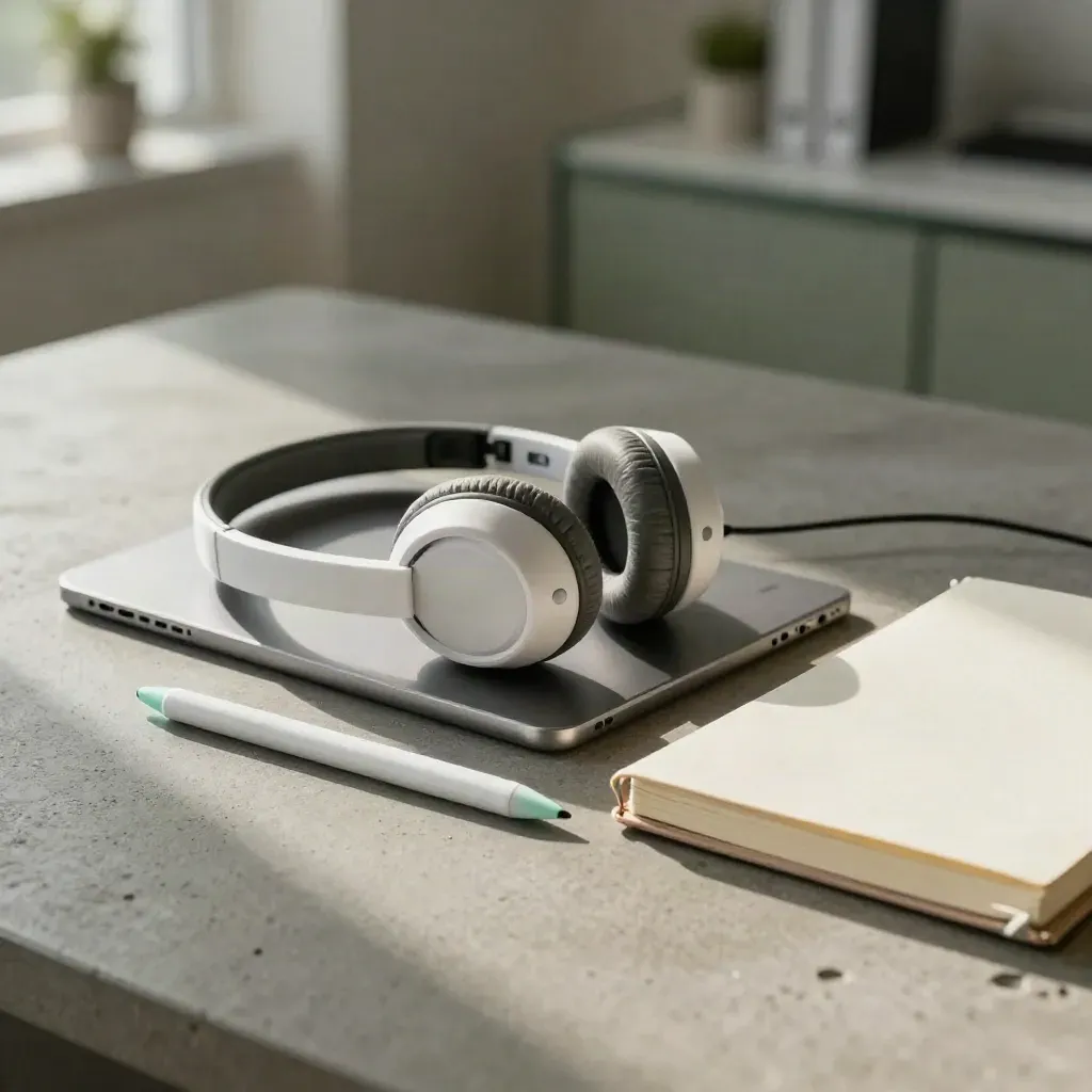 Telehealth headset, tablet dock, stylus, and notebook on brushed concrete in soft light
