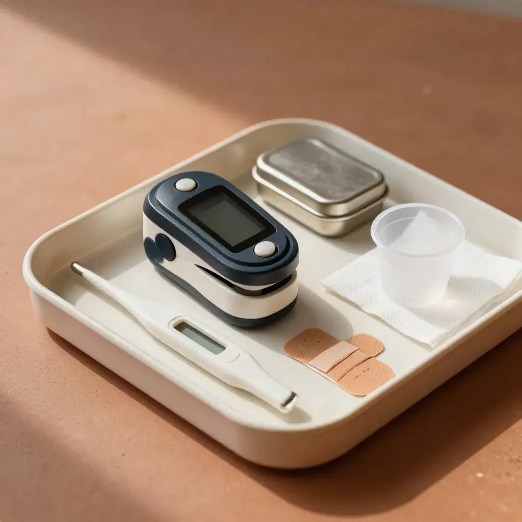Medical exam tools on a terracotta surface, staged like a premium editorial still life.