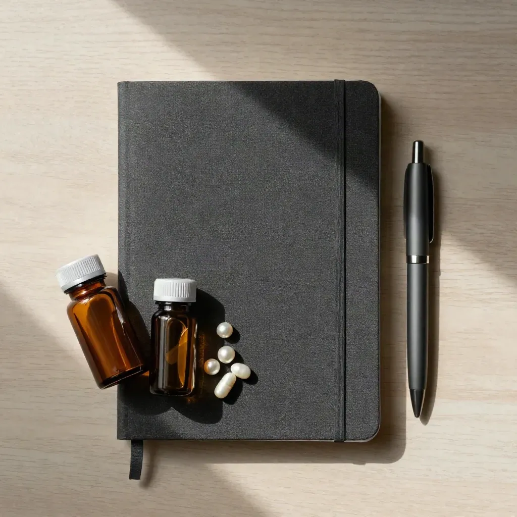 Top-down telemedicine intake kit: notebook, amber bottles, capsules, and pen on pale wood.