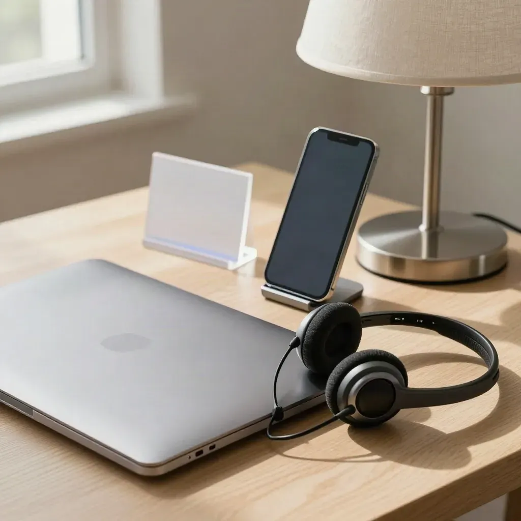 Closed laptop, headset, phone stand and lamp on pale wood, lit by soft window bloom.