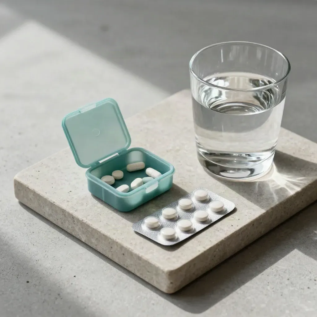 Overhead flatlay of pill organizer, blister strip, and water glass on a stone tray