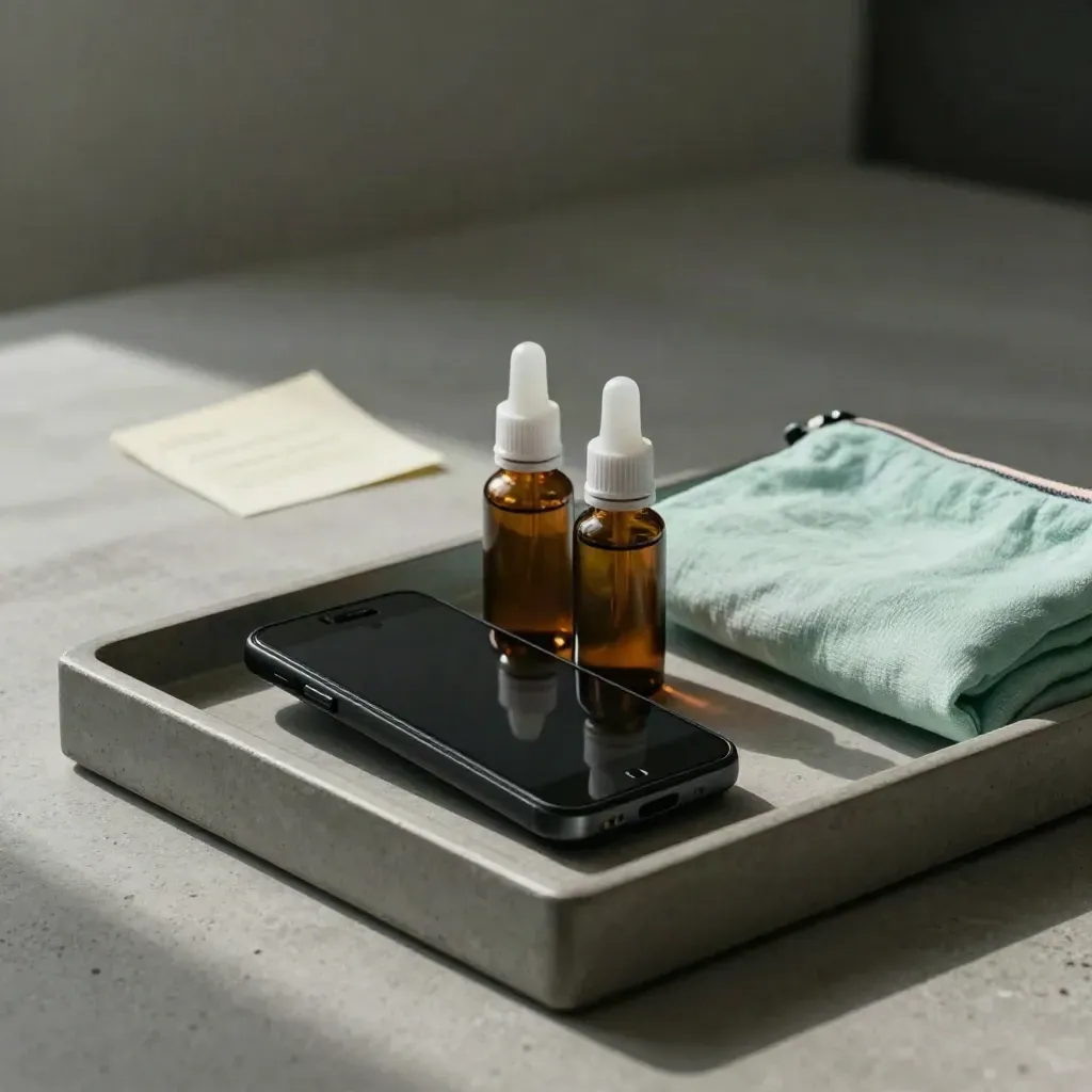 Closed phone, refill bottles and mint pouch on a stone tray beside a blurred reminder card.
