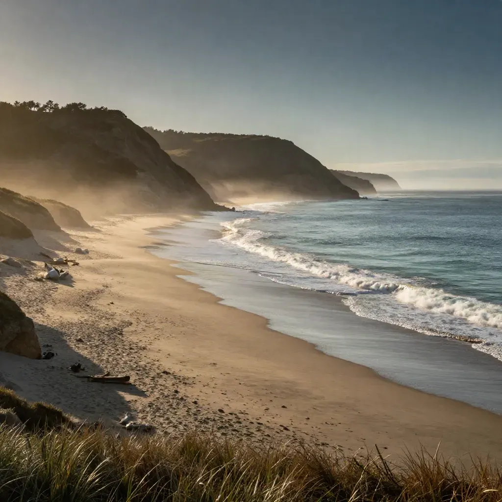 Hazy Orange County bluffs and surf line above a calm sandy foreground