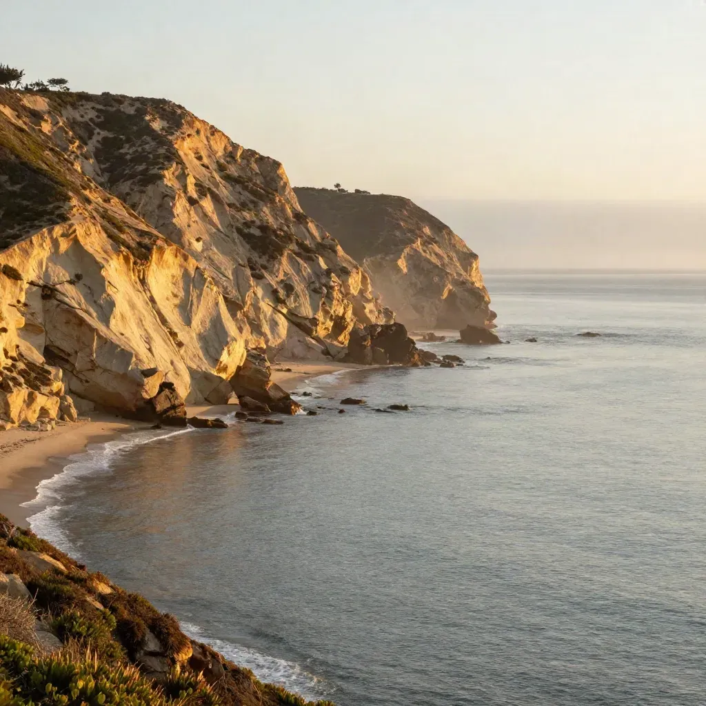 Point Loma cliffs above a hazy Pacific at golden hour, calm open water below
